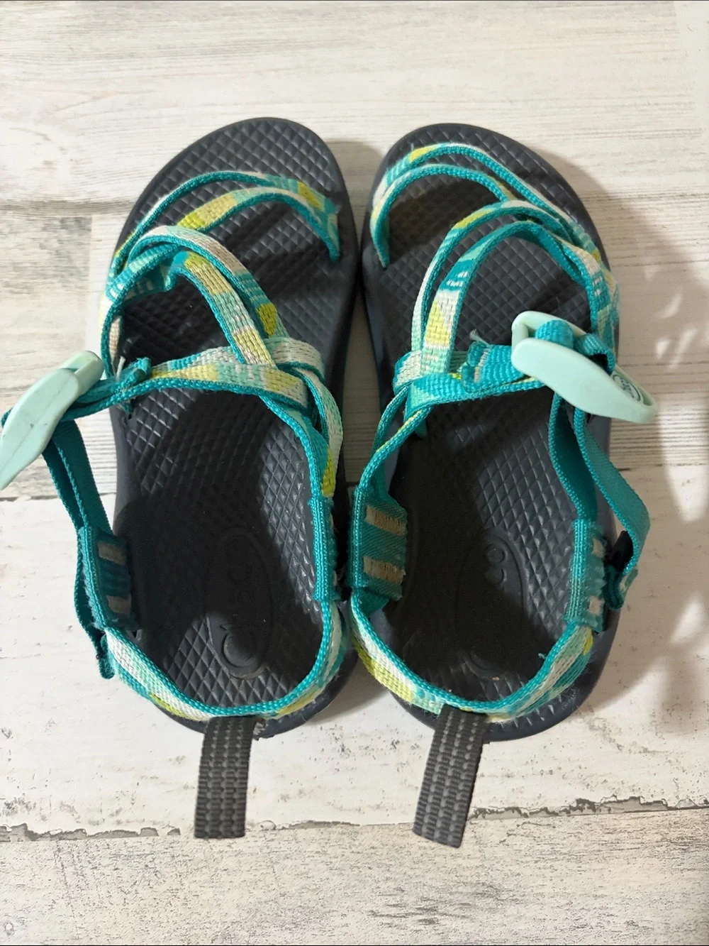 Chaco Teal, Yellow & Cream Strappy Sandals Size 12